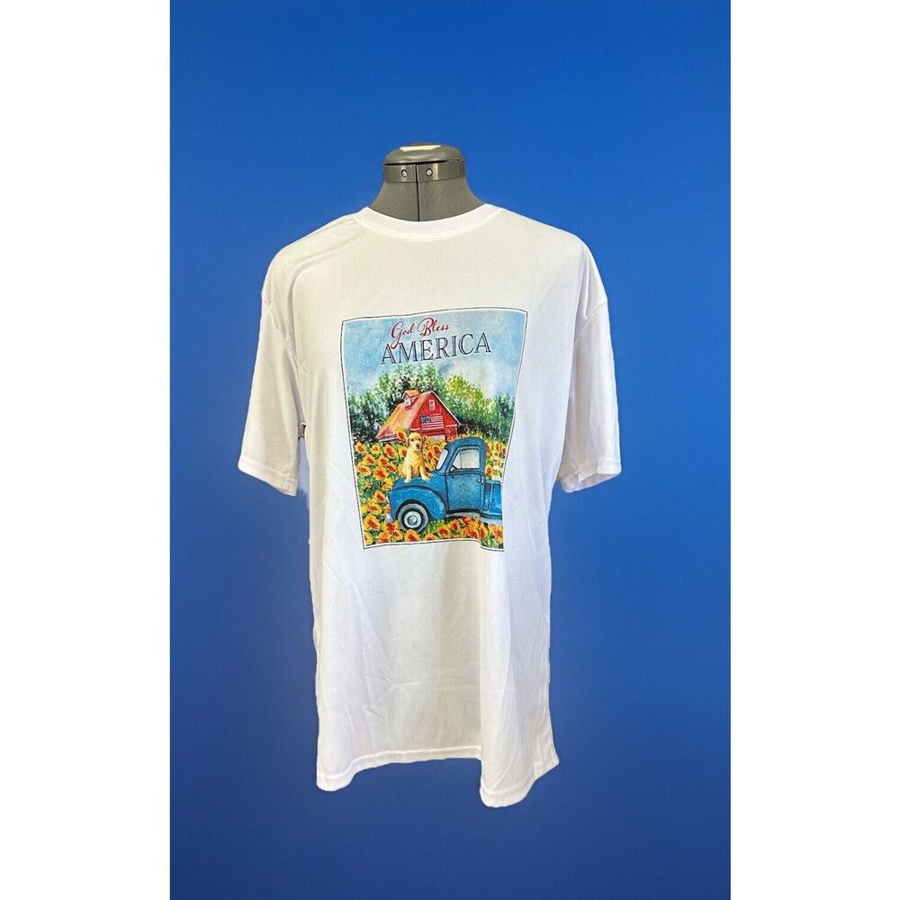 God Bless America Dog,Truck, Sun Flower,& Barn Painting Shirt Size L
